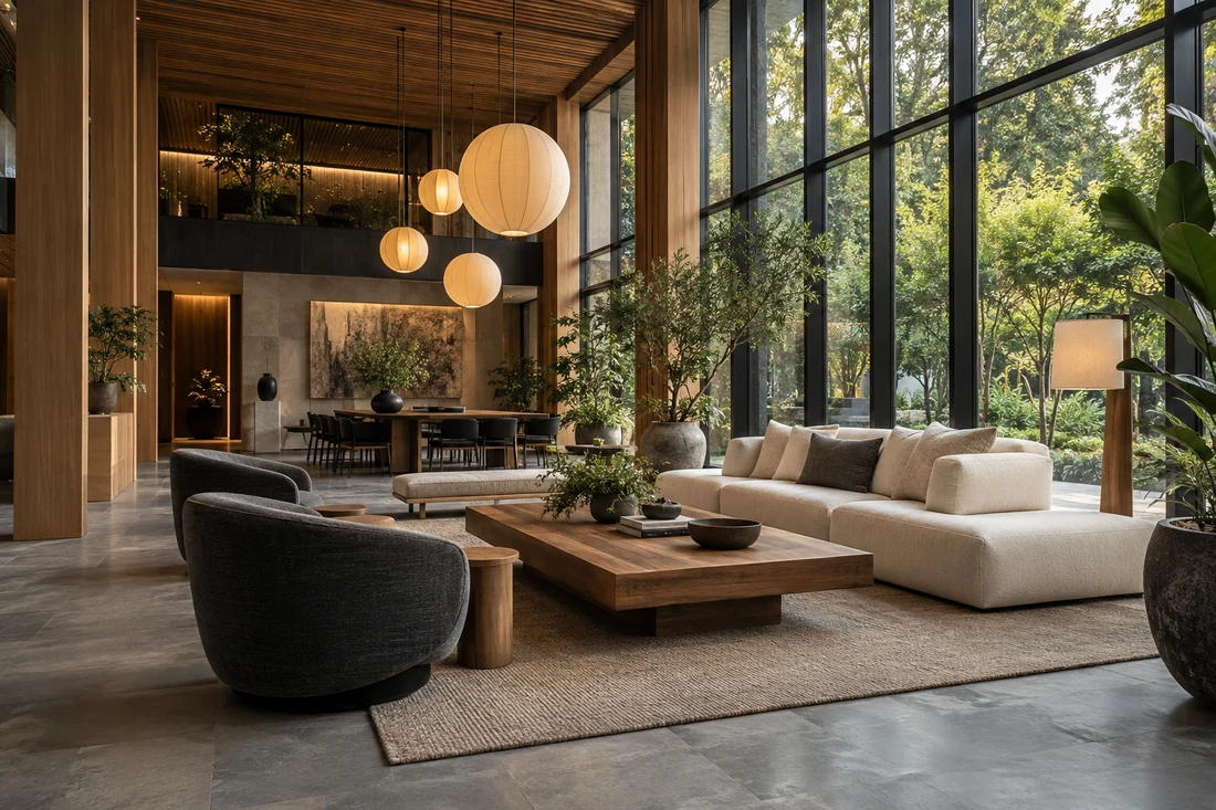 Contemporary lounge with tall windows and warm wood finishes